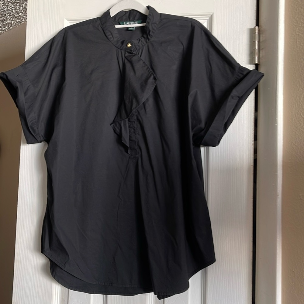 Lauren Ralph Lauren Black Blouse w ruffle short cuffed sleeves Large NWOT
